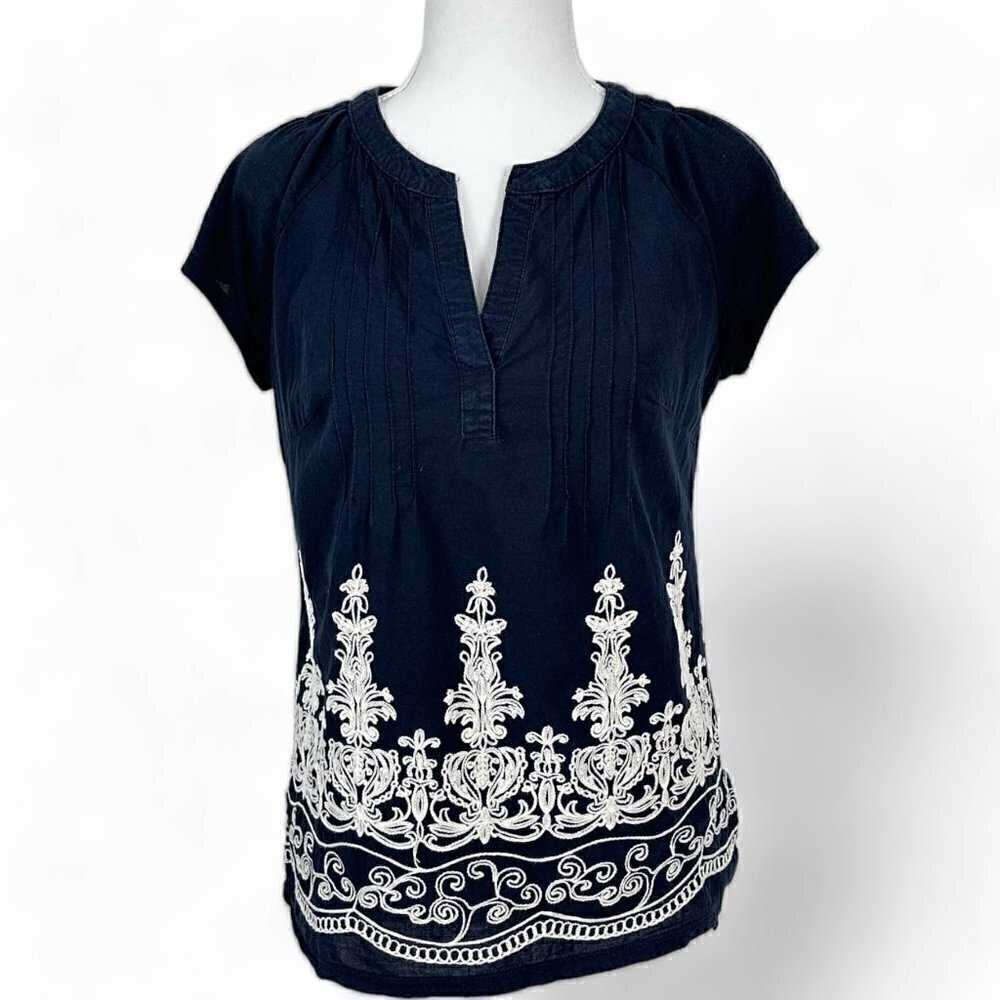 Retrology Embroidered Boho Short Sleeve Pin Tuck Ruched Blouse (S)